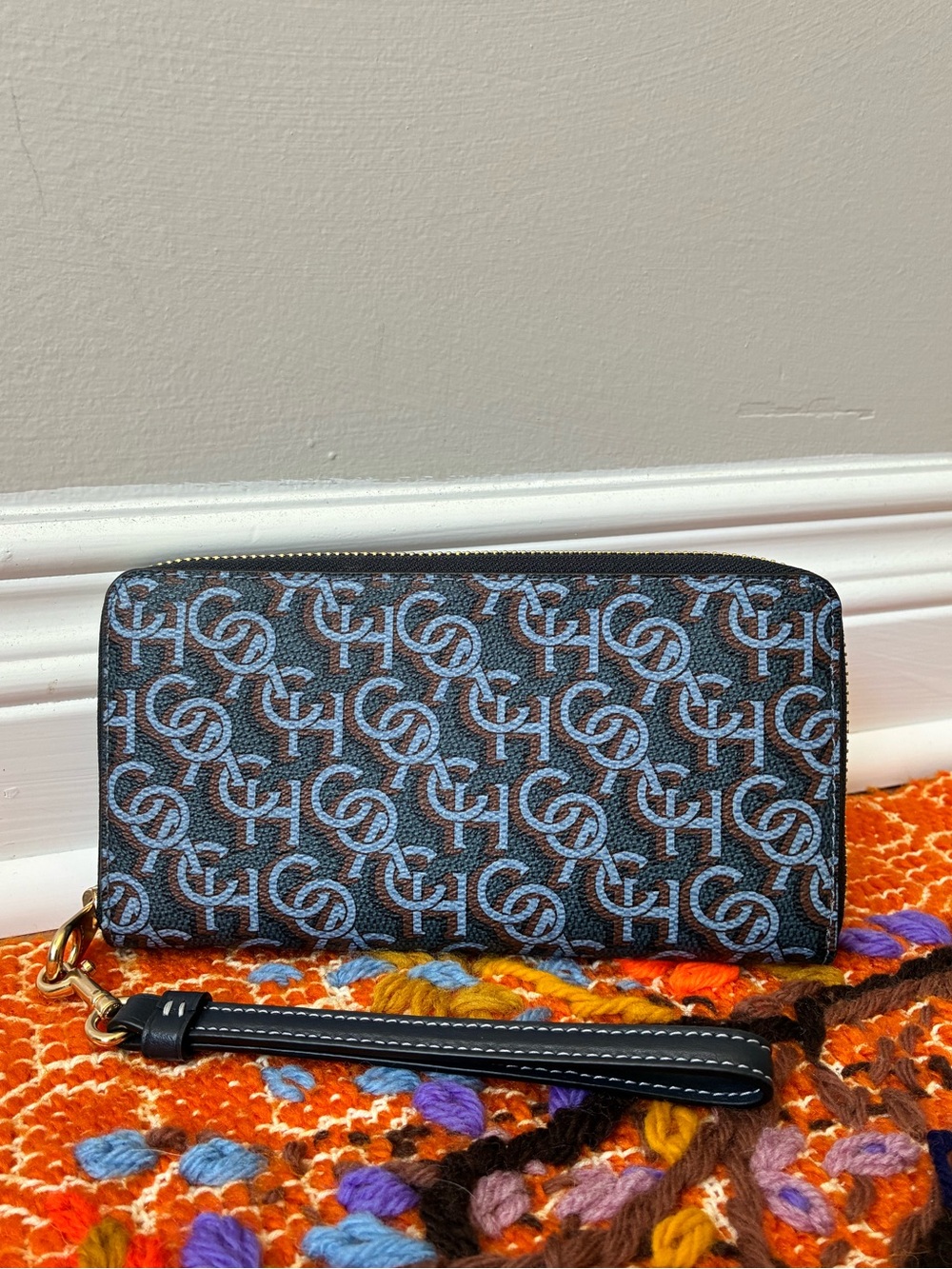 Coach Long Zip Around Wallet with Signature Monogram Print, Navy Blue / Gold